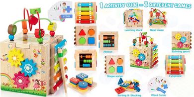 Bravmate Wooden Activity Cube: 8-in-1 Montessori Toy for Toddlers (12M+)
