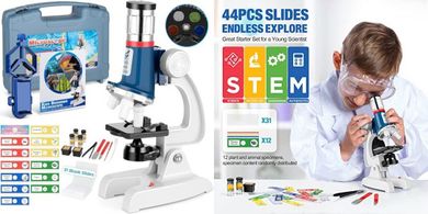 Kids Metal Microscope Kit (100-1200x): 58 Pieces, LED Light, Ages 5-12