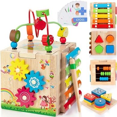 Bravmate Wooden Activity Cube: 8-in-1 Montessori Toy for Toddlers (12M+)