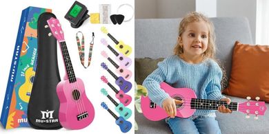 MUSTAR Soprano Ukulele Starter Kit: Gig Bag, Tuner, Strap, Picks Included