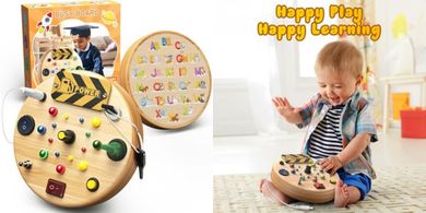Wooden Busy Board: LED Lights, Shapes, Sensory Fun (1-6 years)