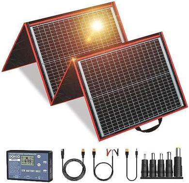 DOKIO 160W Portable Solar Panel Kit: Lightweight, 2-USB, charges 12V batteries.