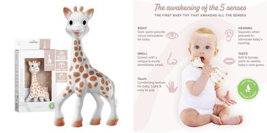 Sophie la girafe: Natural rubber teether, handcrafted in France for 60 years.