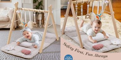 Foldable Wooden Baby Play Gym with 6 Toys