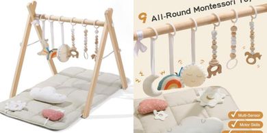 Foldable Wooden Baby Gym: 9 Sensory Toys, Montessori Design