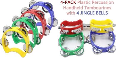 Mini Tambourines: 4-Pack, 4 Jingle Bells, Multicolored, for All Ages