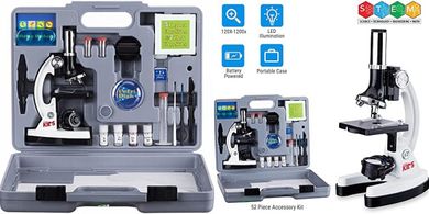AmScope Beginner Microscope Kit: 120X-1200X magnification, metal body, LED light.
