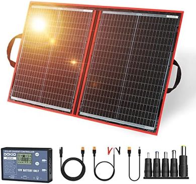 DOKIO 110W Portable Solar Panel Kit: Charge USB & 12V batteries.